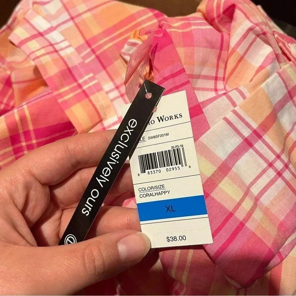 Studio Works NWT Women’s Pink Orange Coral PLAID BUTTON DOWN SHIRT BLOUSE SZ XL - Picture 2 of 9